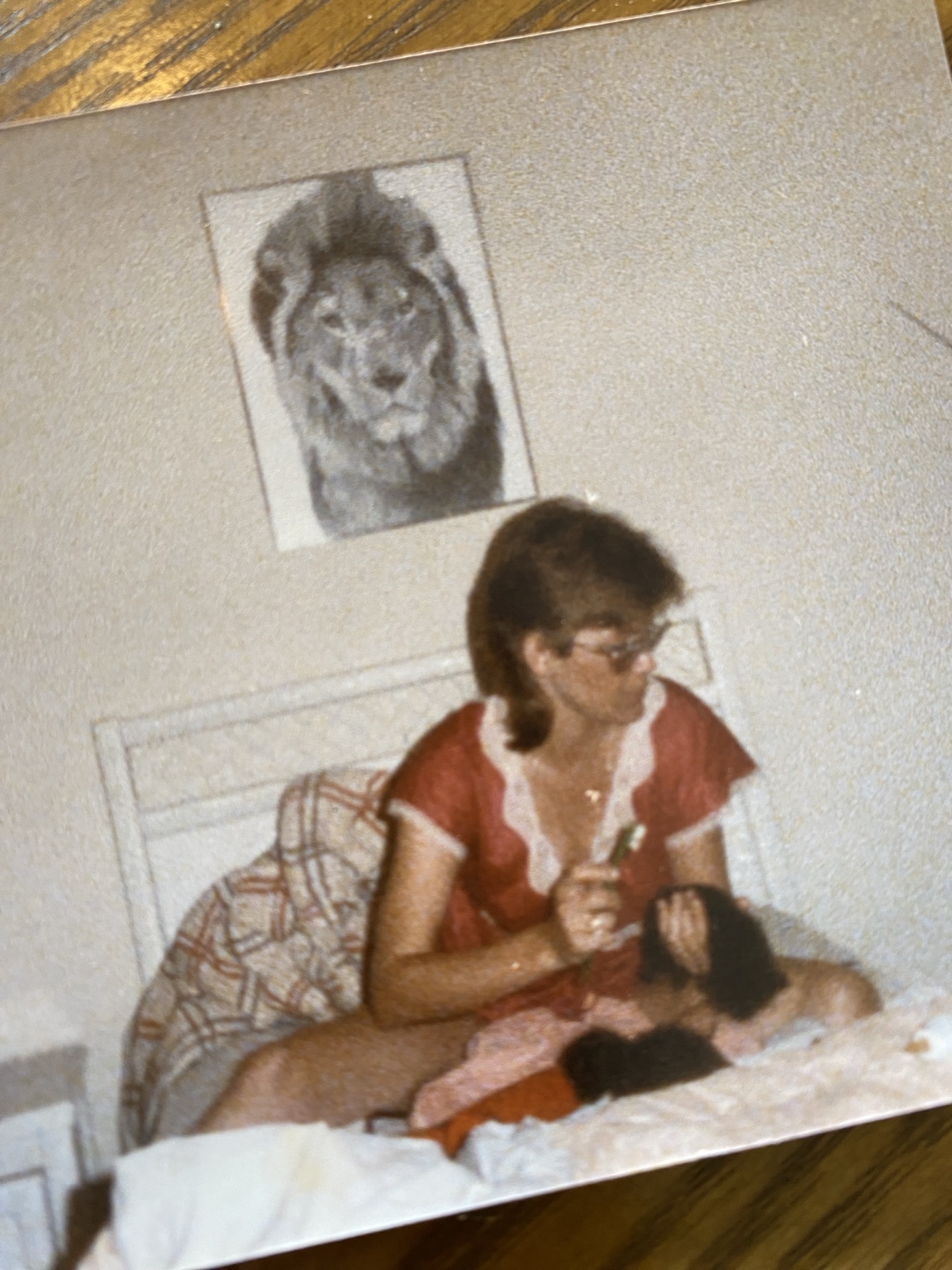 Heather’s mother brushing the foster kittens Trick and Treat beneath the lion picture in HAD’s room